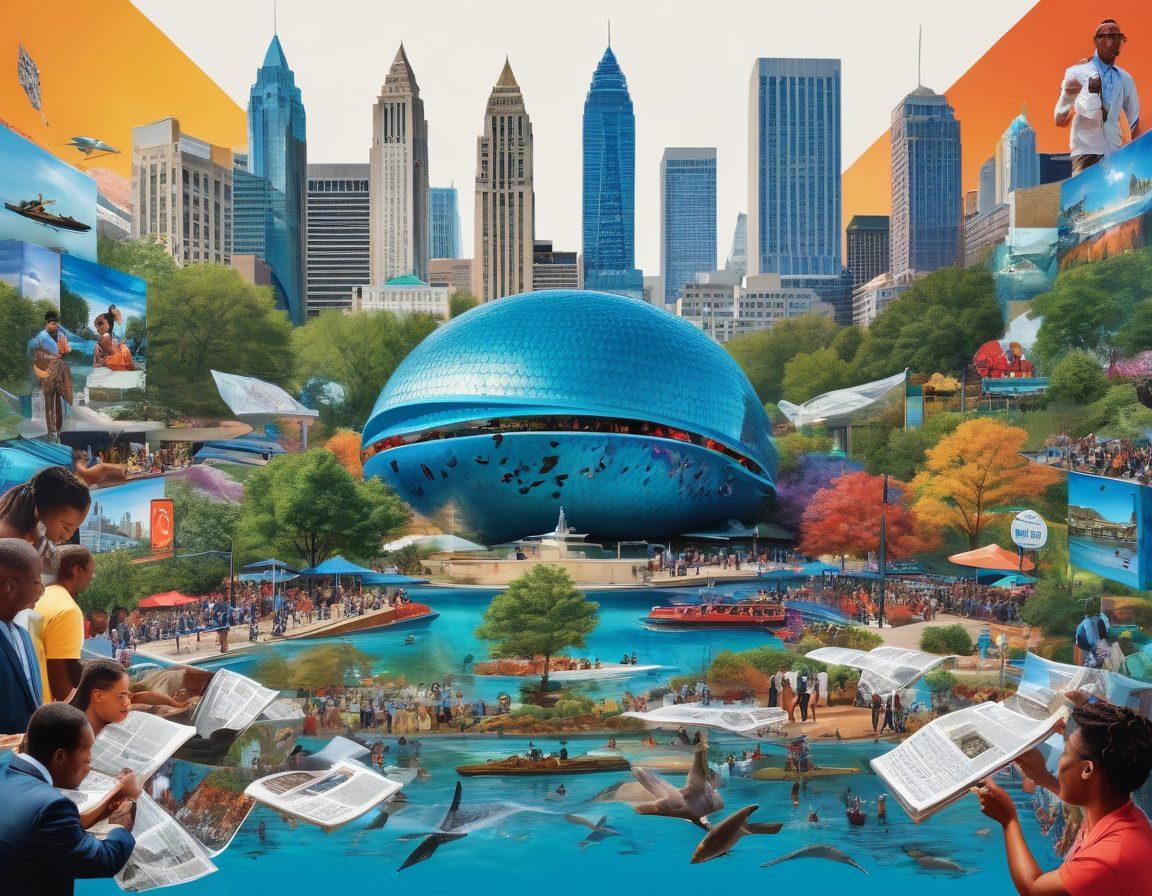 A vibrant collage showcasing iconic Atlanta landmarks like the Georgia Aquarium and the Martin Luther King Jr. Memorial, interspersed with lively event scenes featuring diverse people celebrating arts and culture. Include elements representing news, such as newspapers and digital screens, creating a dynamic atmosphere. The color palette should be bold and eye-catching to evoke excitement and engagement. super-realistic. vibrant colors. white background.