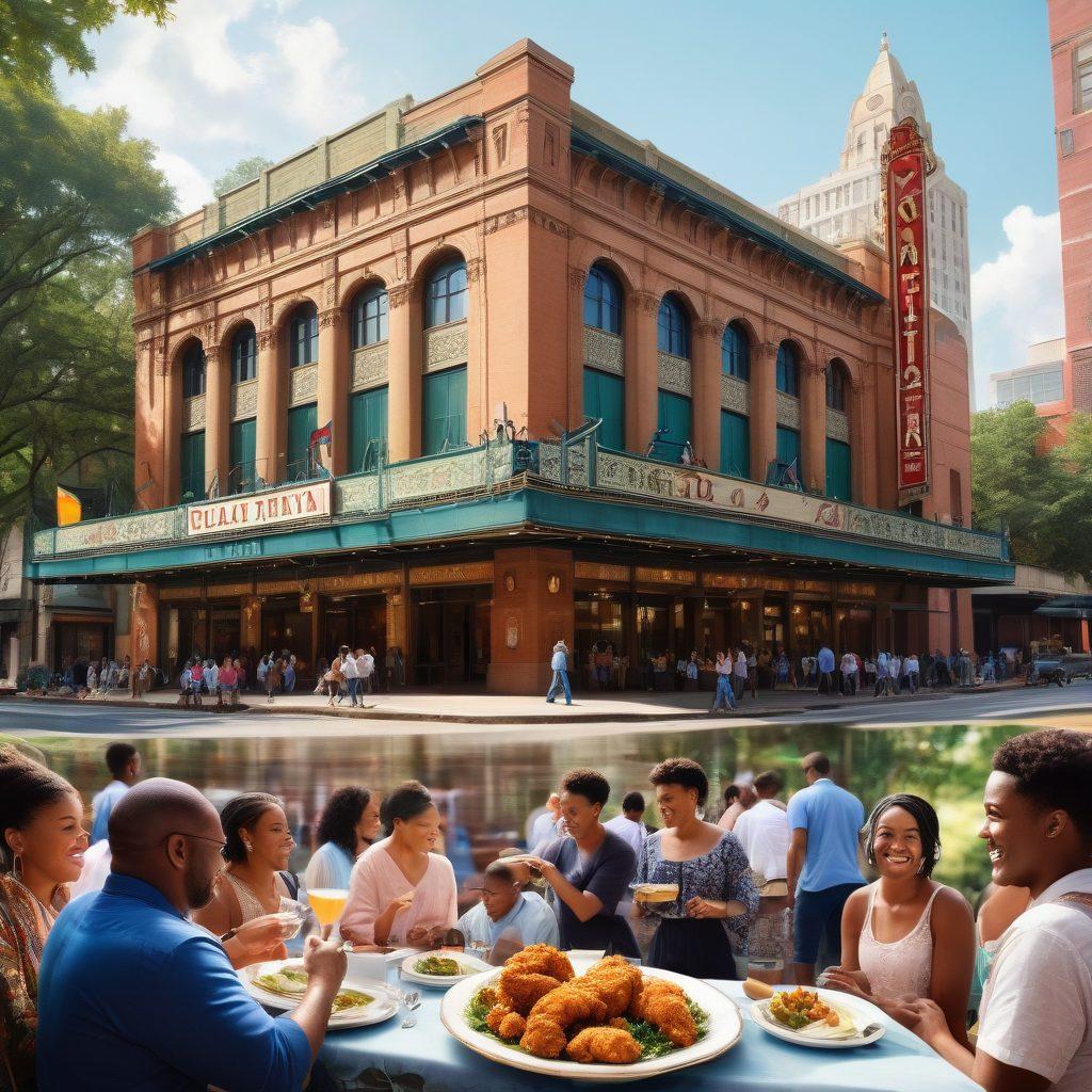 A vibrant collage showcasing the essence of Southern Living in Atlanta, featuring iconic landmarks like the Fox Theatre, lush green parks, and bustling street scenes filled with locals enjoying music and food. Include a hint of Southern cuisine with a plate of fried chicken and collard greens. Capture the warmth of Southern hospitality through smiling faces and lively gatherings. Highlight the rich culture with elements like historic architecture and live music. super-realistic. vibrant colors. 3D.